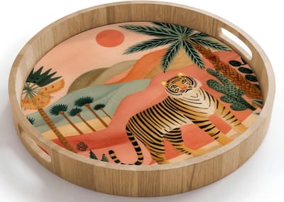 Dienblad rond 40x40 cm - Schootdienblad hout - Tijger - Palmen - Cactus - Oranje - Borrelplank rechthoek - Plateau houten dienbladen