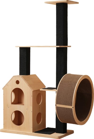 Merax Houten Krabpaal met Loopwiel – 80×40×152 cm Kattenboom – Kattenhuis met 4 Platforms – Sisalpalen – Afneembare Krabmatten – Duurzaam Kattenmeubel voor Binnenkatten