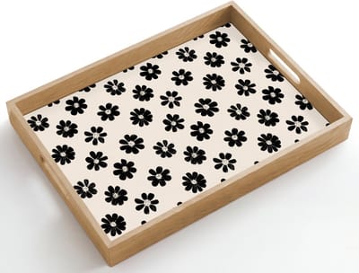 Dienblad hout 50x35 cm - Schootdienblad - Grafisch - Madeliefjes - Zwart - Beige - Borrelplank rechthoek - Plateau dienbladen
