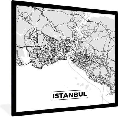 Fotolijst incl. Poster Zwart Wit- Istanbul - Plattegrond - Stadskaart - Zwart Wit - Kaart - 40x40 cm - Posterlijst