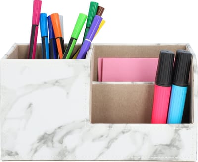 QUVIO Bureau organizer - 3 vakken - Marmerlook - Pennenbakje - Pennenhouder - Opbergen - Desk organizer - Bureau accessoires - Wit - 9 x 20,5 x 11 cm