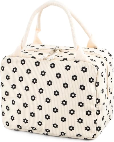 Ruime Geïsoleerde Lunchtas voor Werk, School, Picknick en Reizen - Herbruikbare Koeltas in Beige Chrysanten