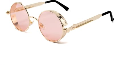 KIMU® Ronde Bril Steampunk Vintage - Goud Montuur Rond - Roze Glazen - Gouden Zonnebril - Retro Hippie Uv Festival