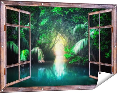 Gards Tuinposter Doorkijk Tropische Jungle met een Turquoise Meer - 120x80 cm - Tuindoek - Tuindecoratie - Wanddecoratie buiten - Tuinschilderij