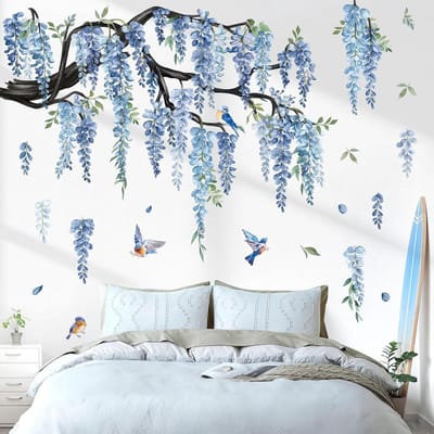 Grote Bloem Boom Tak Muurstickers Blauw Opknoping Wijnstok Bloemen Muurstickers Slaapkamer Woonkamer Sofa TV Achtergrond Muur Decor