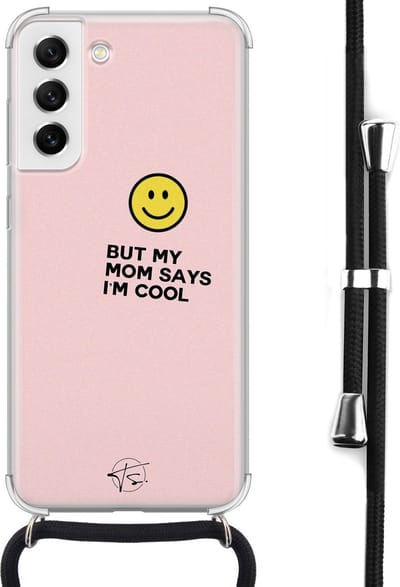 Hoesje met koord geschikt voor Samsung Galaxy S21 FE - I'm cool quote - Inclusief koord - Crossbody beschermhoes - Transparant, Roze - Mooie Telefoonhoesjes