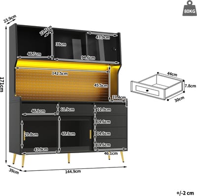 MODENUIT Hoge Kast - Schuifdeuren En LED-Verlichting - Voor Woonkamer En Keuken - MDF Glas - 145x39x171 Cm - Zwart