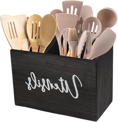 Houten Keuken Gereedschap Houder met 2 Compartimenten, Wandmontage en Handvat, Decoratieve en Stevige Organiser voor Keukenaccessoires en Bestek