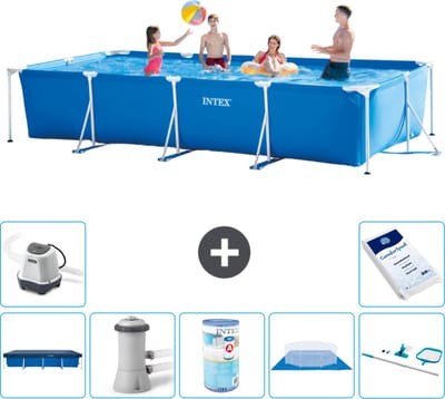 Intex Rechthoekig Frame Zwembad - 450 x 220 x 84 cm - Blauw - Inclusief Afdekzeil - Zwembadfilterpomp - Filter - Grondzeil - Schoonmaakset - Zoutwatersysteem - Zwembadzout - 8-delig