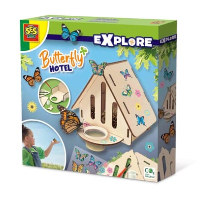 SES Creative – Explore - Vlinderhotel maken - Houten vlinderhotel om zelf te vullen – Insectenhotel - Met stickers - STEM Speelgoed