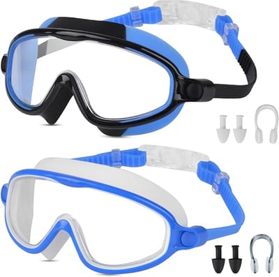 Kinderzwembril - zwembril voor kinderen en vroege tieners van 3-15 jaar, 2-pack zwembril voor jongens en meisjes, anti-condens, anti-uv, helder breed zicht, waterdicht