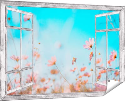 Gards Tuinposter Doorkijk Paarse Kosmos Bloemen - 150x100 cm - Tuindoek - Tuindecoratie - Wanddecoratie buiten - Tuinschilderij