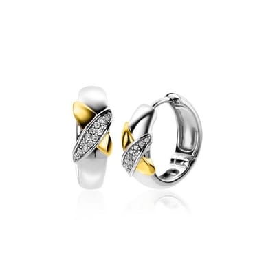 Zinzi zilveren luxe oorringen cross-over bicolor met witte zirkonia's 16x6mm ZIO2240