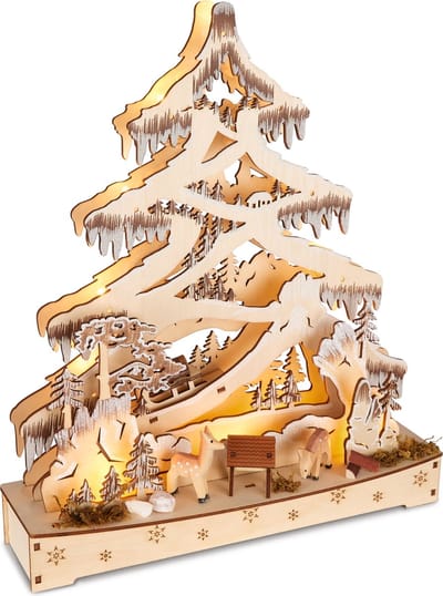 BRUBAKER 3D-lichtboog, led-lichtboog, dennenboom, bos, kerstverlichting van natuurlijk hout, 34 x 28 x 9 cm, handbeschilderde figuren, kerstdecoratie voor tafel en raam