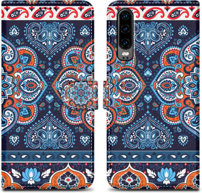 Cadorabo Hoesje geschikt voor Huawei P30 - Design Blauwe Mandala No. 1 - Beschermhoes Case Cover met magnetische sluiting, standaardfunctie en kaartvakje