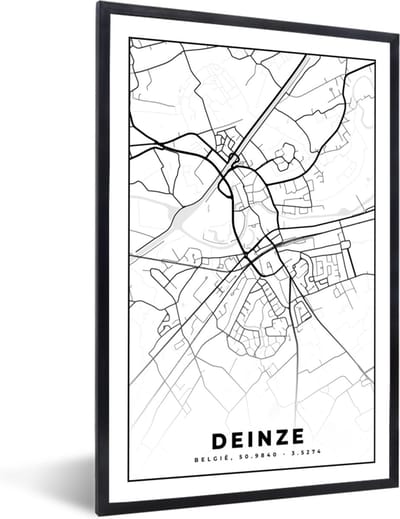 Fotolijst incl. Poster Zwart Wit- Stadskaart – Zwart Wit - Kaart – Deinze – België – Plattegrond - 40x60 cm - Posterlijst