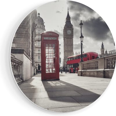 Artaza Forex Muurcirkel Rode Telefooncel in Londen bij de Big Ben - 60x60 cm - Wandbord - Wandcirkel - Rond Schilderij - Wanddecoratie Cirkel