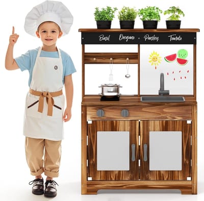 KOMFOTTEU Houten Modderkeuken - speelkeuken van dennenhout - buitenkeuken - buiten speelkeuken - met 4 kookaccessoires en plantenpotten - met krijtbord, gootsteen en kookplaten- voor kinderen vanaf 3 jaar