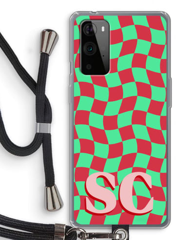 Gepersonaliseerd - Case Company® - Hoesje met koord geschikt voor OnePlus 9 Pro hoesje met Koord - Grid Monogram - Telefoonhoesje met Zwart Koord - Bescherming aan alle Kanten en Over de Schermrand