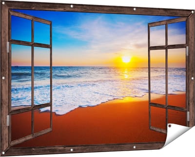 Gards Tuinposter Doorkijk Strand en Zee tijdens Zonsondergang - 150x100 cm - Tuindoek - Tuindecoratie - Wanddecoratie buiten - Tuinschilderij