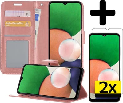Hoesje - Met 2x Screenprotector - Geschikt voor Samsung Galaxy A22 4G - Luxe Pasjeshouder - Bookcase Portemonee - Flip Case - Kunstleer Book Case - Flipcase Hoes - Book Cover - Walletcase - Portemonneehoes - Telefoonhoesjes - Rosé goud