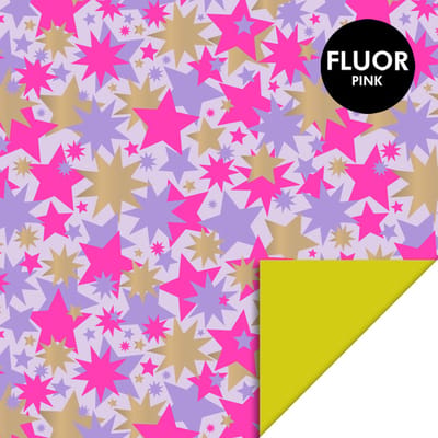 Cadeaupapier 70x300 cm - Big Stars Gold Lilac/Fluor Pink