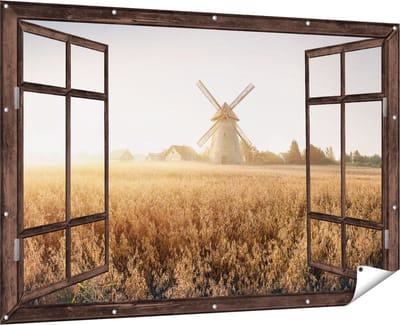 Gards Tuinposter Doorkijk Windmolen in het Veld - 180x120 cm - Tuindoek - Tuindecoratie - Wanddecoratie buiten - Tuinschilderij