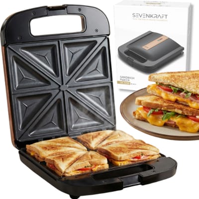 Sandwichmaker Tosti IJzer Elektrisch – 4 Tosti’s – 1400W Tosti apparaat – Antiaanbaklaag – Grote Bakplaten 24×22 cm - Sevenkraft SK3095