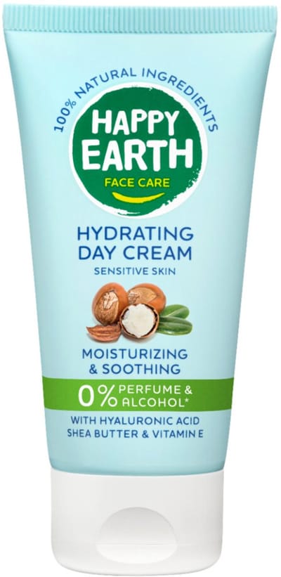 Happy Earth Hydraterende Dagcrème - 100% Natuurlijk - Droge & Gevoelige Huid - Met Hyaluronzuur & Prebiotica - Gezichtsverzorging - Vegan - 50 mL