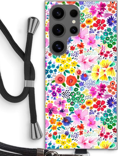 Case Company® - Hoesje met koord geschikt voor Samsung Galaxy S24 Ultra hoesje met Koord - Little Flowers - Telefoonhoesje met Zwart Koord - Bescherming aan alle Kanten en Over de Schermrand