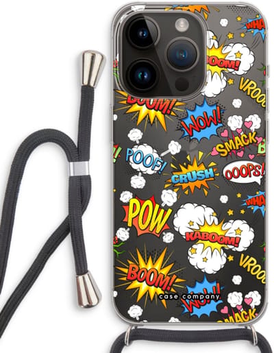 Case Company® - Hoesje met koord geschikt voor iPhone 14 Pro hoesje met Koord - Pow Smack - Telefoonhoesje met Zwart Koord - Bescherming aan alle Kanten en Over de Schermrand