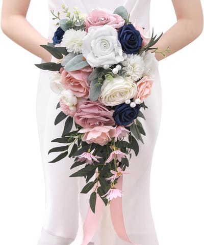 Bruidsboeket Rozen - Bruidsbloemen Decoratie - Bruiloft Versieren - Handgemaakt Ontwerp - 27.3 cm Hoog - Roze Blauw