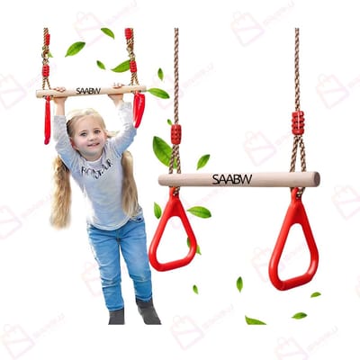 Houten Trapeze Schommel met Ringen – Kinder Gymnastiek Schommel voor Tuin & Binnen – Verstelbaar – Tot 100kg – houten schommel ringen – gymnastiek ringen kinderen – actief speelgoed kinderen – schommel – trapeze – ringen schommel – 32443
