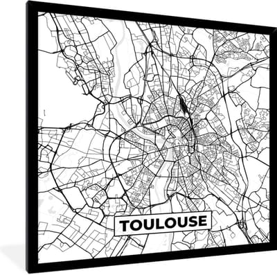 Fotolijst incl. Poster Zwart Wit- Kaart - Stadskaart - Toulouse - Frankrijk - Plattegrond - Zwart wit - 40x40 cm - Posterlijst
