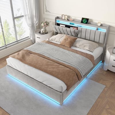Modern opbergbed 140 x 200 cm LED gestoffeerd bed met opbergbox Hydraulisch tweepersoonsbed met opbergruimte gestoffeerd bed voor volwassenen en tieners (grijs + fluweel, 140 x 200 cm)
