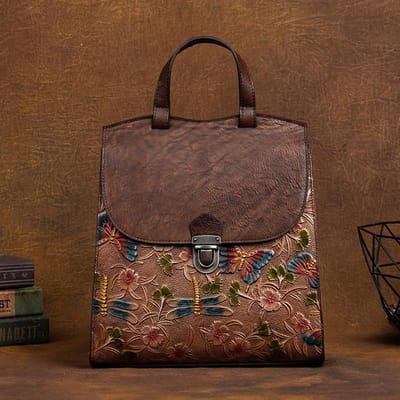 Vintage Reliëf Rugzak Echt Leer Dames Tas Chinese Stijl Bloemen Natuurlijk Zacht Koeienhuid Dames Reistassen bruin