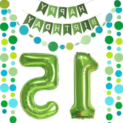 Groene Ballonnen met Nummer 15 + Happy Birthday Slinger + Folieballon voor Verjaardagsdecoratie voor Jongens en Meisjes van 15 Jaar