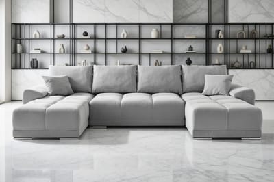 Warren Luxe Hoekbank met Slaapfunctie – 3-Zits Slaapbank met Opbergbox, Verstelbare Hoofdsteunen & Omkeerbare Chaise Longue – Grijs/Zwart Stof & Imitatieleer House&Garden
