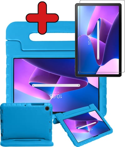 Hoesje - Geschikt voor Lenovo Tab M10 Plus (3e / 3rd Generatie) - Met Screenprotector - Kinderhoes - Shockproof Bumper - Kidsproof Case - Tablethoes - Kinder Hoes Cover - Blauw