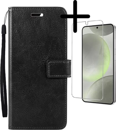 Hoesje Met Screenprotector - Geschikt voor Samsung Galaxy S24 Plus - Luxe Pasjeshouder - Bookcase Portemonee - Flip Case - Kunstleer Book Case - Flipcase - Book Cover - Walletcase - Portemonneehoes - Zwart