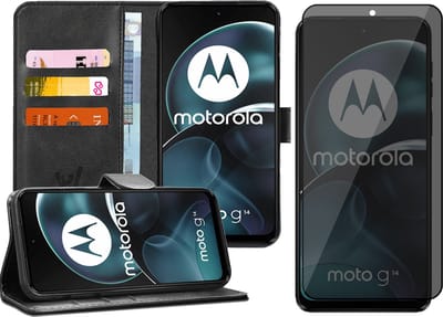 Hoesje geschikt voor Motorola Moto G14 - Privacy Screenprotector Volledig Dekkend Glas - Portemonnee Book Case Zwart