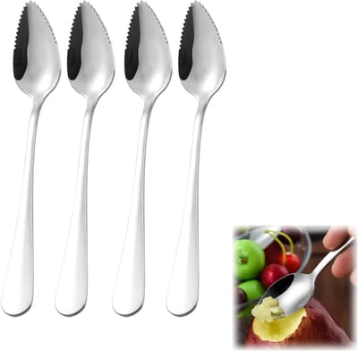 Allecto Plus - Grapefruitlepel en Kiwilepel Set van 4 Roestvrij Staal - Babyvoedingssupplepels met Gekartelde Rand - Geschikt voor Kiwi, Appels en Grapefruits