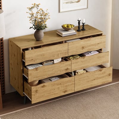 MODENUIT Dressoir - 6 Laden Met Golfreliëf - Voor Woonkamer En Hal - Spaanplaat, Houtkleur - 120x40x75,5 Cm