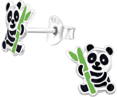 Joy|S - Zilveren panda oorbellen - met bamboe - 8 mm - kinderoorbellen