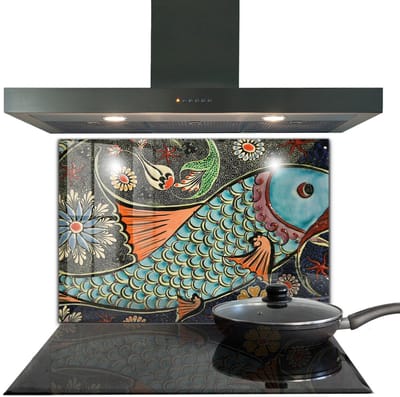 Tulup Achterwand Keuken - Mozaïekvis Vintage Keramiek Spatscherm Keuken - 80 x 60 cm - Groente Glas Achterwand Keuken - Dieren Spatplaat Keuken - Kookplaatachterwanden - Kookplaat achterwand