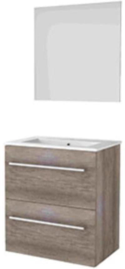 Basic-Line Ultimate 39 Badkamermeubelset - Ondiep - 60 x 39 cm - Met Grepen - 2 Lades - Keramische Wastafel - 1 Kraangat - Spiegel met Indirecte LED Verlichting - Scotch Oak