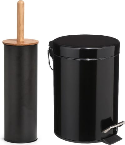 Zeller Badkamer/toilet accessoires set - WC-borstel/pedaalemmer 3L- zwart - metaal/bamboe