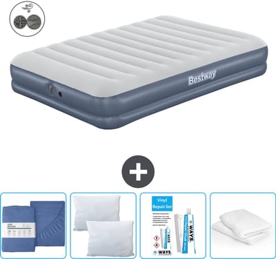 Bestway luchtbed - 2-Persoons - 152 x 203 x 36 cm - Blauw - Inclusief pomp - Hoeslaken - Kussen - Kussenbeschermer en Reparatieset
