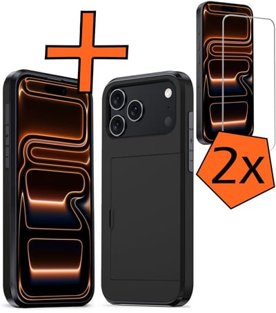 Hoesje Geschikt voor iPhone 17 Pro / 18 Pro Hoesje Pasjeshouder Shockproof Hard Case Met 2x Screenprotector - Hoesje Geschikt voor iPhone 17 Pro / 18 Pro Hoes Met Kaarthouder - Zwart