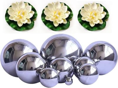 Complete Mini Vijver Set met 3 Drijvende Lotus Bloemen en 9 Stukken Zilveren Zwembollen voor Tuin en Balkon Decoratie